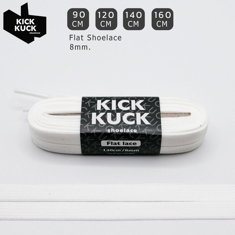 (หนา2ชั้น ไม่บาง) KICKKUCK (คิกคัก) เชือกรองเท้าสีขาว (white) (แบบแบน)FLAT ความยาว 90.120.140.160cm. เสปคเดียวกับแบรนด์