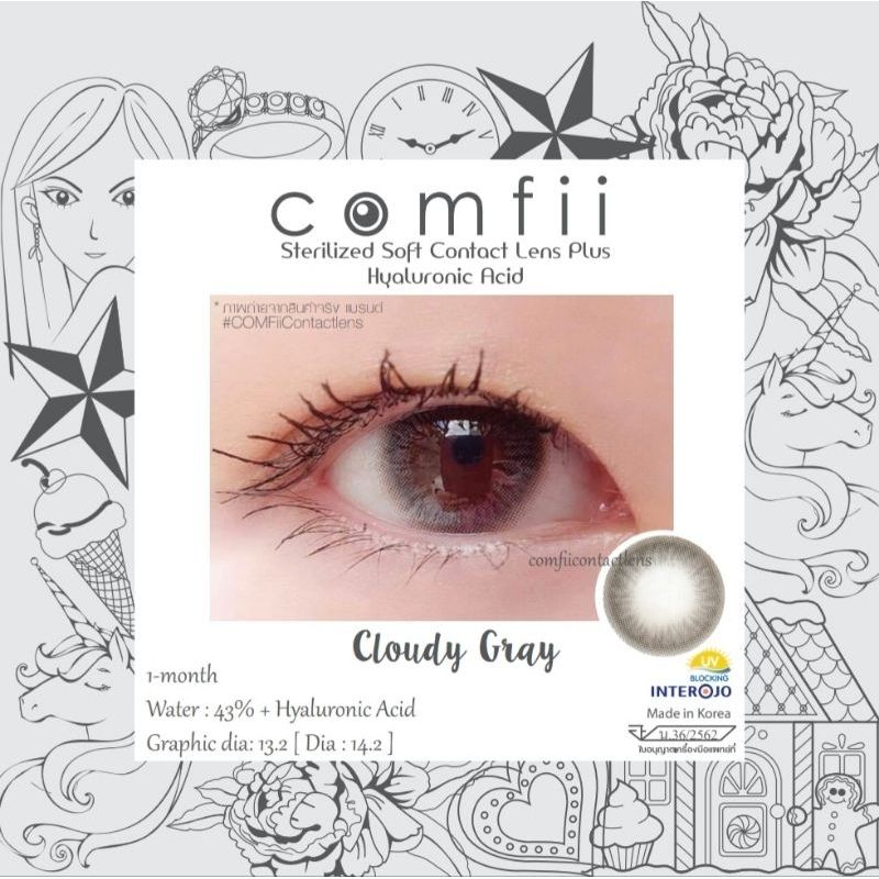 คอนแทคเลนส์ Contactlens Hyaluron Cloudy Gray สีเทา ธรรมชาติ เท่าตาดำ