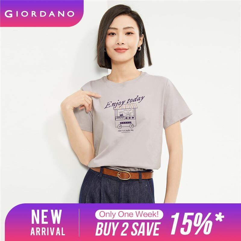 GIORDANO ผู้หญิง เสื้อยืดพิมพ์ลายช้างน่ารักเสื้อยืดผ้าฝ้าย 100% คอกลมแขนสั้นแฟชั่นฤดูร้อนเสื้อยืดลำลอง Free Shipping 13394204