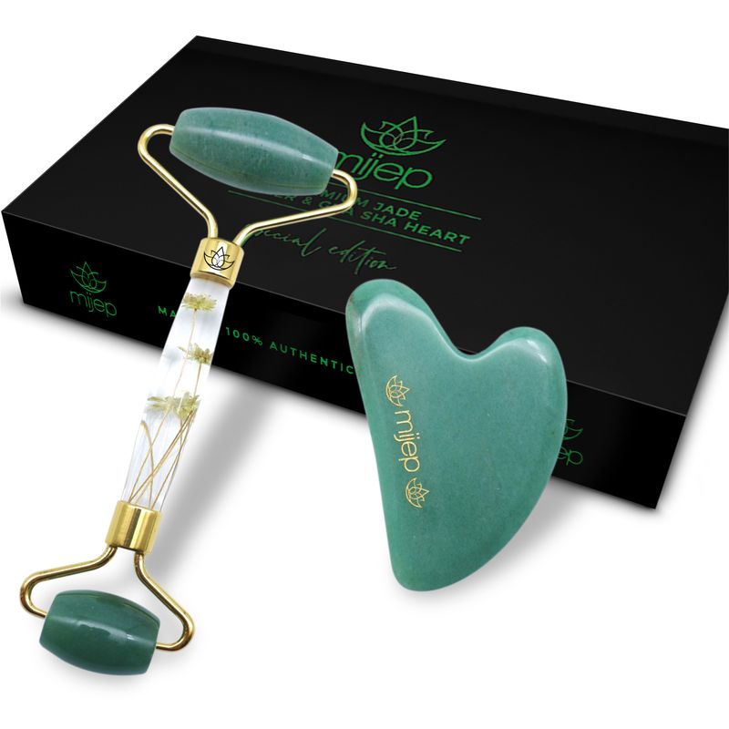 Jade Set Special Edition - Premium Jade Face Roller & Gua Sha Heart (ของแท้ 100%) ขายดีที่สุด Natural Anti Aging Beauty Tools เครื่องนวดแผนจีน (Jade Roller for Face Original ทางเลือก)