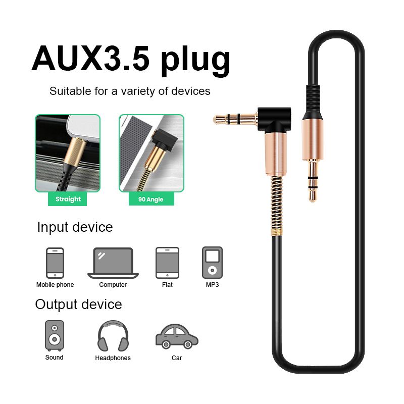 สายเสียง Aux Cable สายแจ็ค 90 องศา 1 Meter Spring Audio Cable 90 Degree 3.5 mm to 3.5mm AUX Jack Cable for Car Universal Smartphone Headphone Cable MP3 MP4 Speaker A52