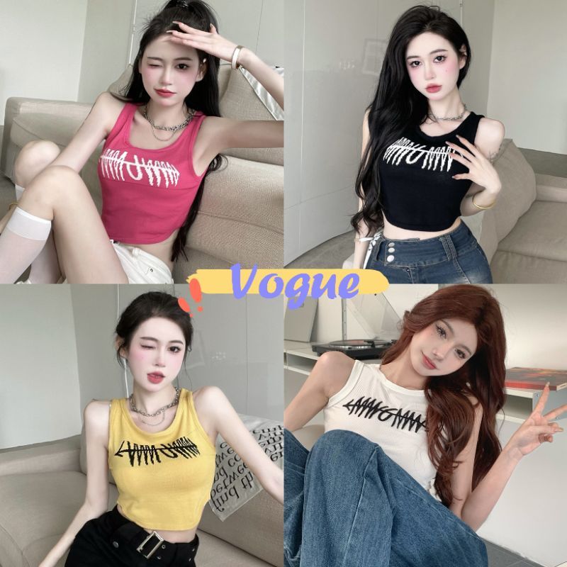 Vogue🌟พร้อมส่ง🌟 เสื้อกล้ามไหมพรม คอกลม ดีเทลถักตังอักษร เท่ไม่ซ้ำใคร (71041) -C