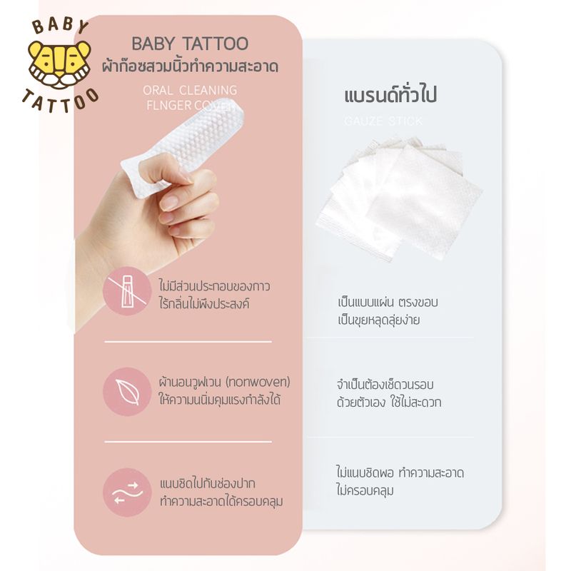 BABY TATTOO ผ้าก๊อซทำความสะอาดช่องปาก แบบสวมนิ้ว  ที่เช็ดลิ้นเด็กทำความสะอาดช่องปาก สำหรับเด็ก (1 กล่อง 30 แผ่น )