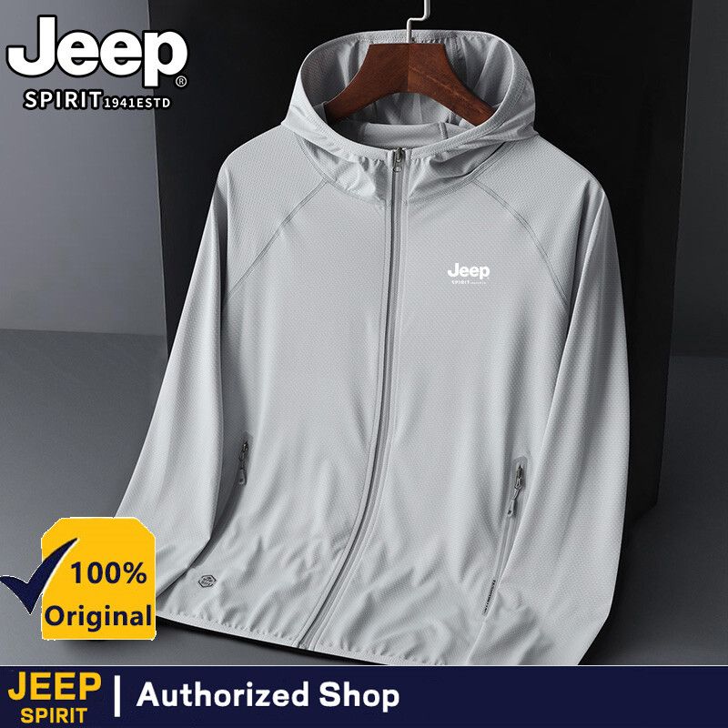 JEEP เสื้อกันลมแจ็คเกตกันน้ำสำหรับผู้ชายเสื้อโค้ทแจ็กเก็ตกันแดดกันลมแห้งเร็วสำหรับออกค่ายพักแรม