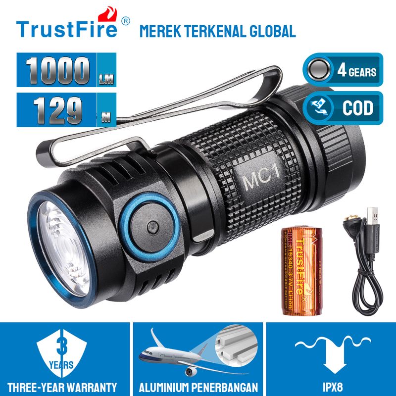 ไฟฉาย LED TrustFire MC1 1000lm พร้อมการชาร์จแบบแม่เหล็กและหางแม่เหล็กแบบพกพาขนาดกะทัดรัดและน้ำหนักเบา (ยาว 70 มม.) เหมาะ