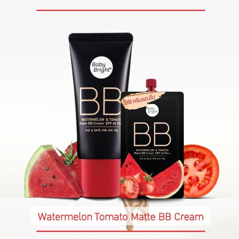 ส่งฟรี‼️ 🍉Baby Bright Watermelon & Tomato Matte BB Cream SPF45 PA++🍅 รองพื้นเนื้อแมทท์ บีบีครีมแตงโม มีตัวเลือก