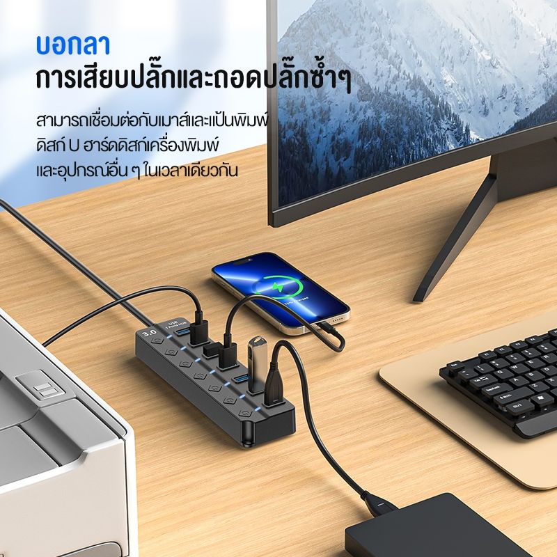 OLYPS USB HUB 3.0 type-c สวิตช์ควบคุมแบบสแตนด์อโลน 7in1 5Gbps การส่งผ่านความเร็วสู 1m งรองรับ Windows/OS/Linux