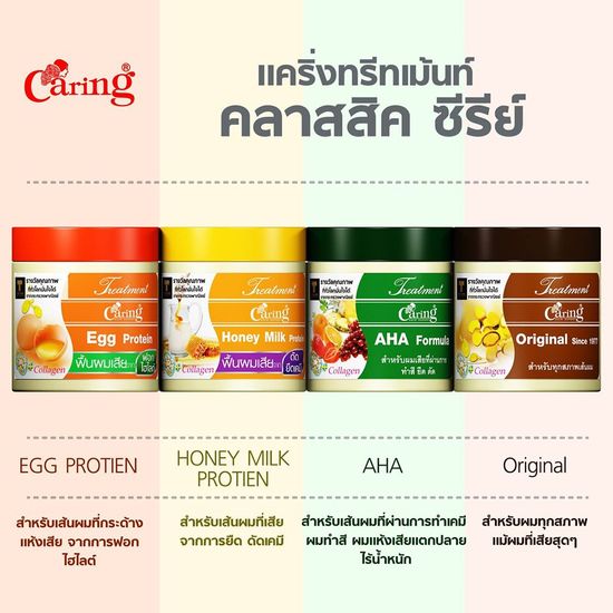 แคริ่ง ทรีทเม้นท์ Caring Treatment ดูแลเส้นผม มี 4 สูตร (บรรจุ 100 / 250 / 500 มล.) ทำสี ดัด ฟอก ไฮไลท์