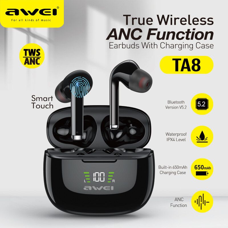 Awei TA8 ANC หูฟังไร้สายบลูทูธ TWS หูฟังไร้สายพร้อมจอแสดงผล LED ดิจิตอล Bluetooth 5.2 หูฟัง IPX6 กันน้ำรอบทิศทางสเตอริโอเกรด 300 ชั่วโมงหูฟังสแตนด์บายนานสำหรับโทรศัพท์มือถือบลูทูธทั้งหมด