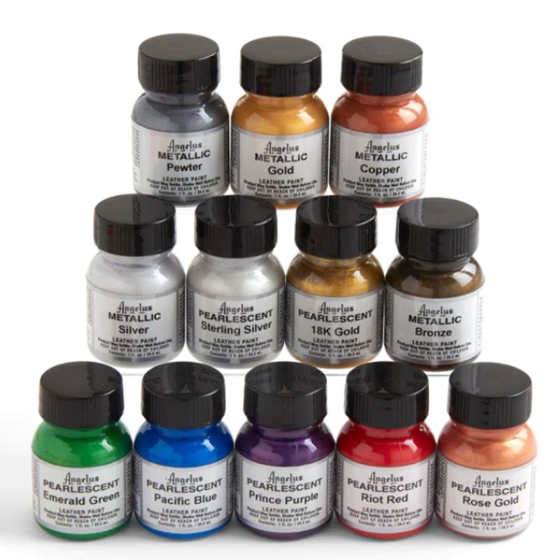 Angelus Pearlescent & Metallic Paint สีอคิลิคสำหรับทาวัสดุหนัง รองเท้าผ้าใบ กระเป๋า แบบ PearlescentและMetallic