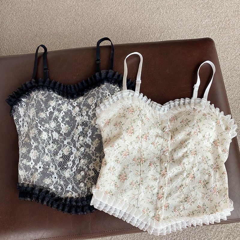 สินค้าพร้อมส่งจากไทย💥Angle Bra💥 (N609) เสื้อครอปสายเดี่ยว  ลายดอก แต่งลูกไม้ ผ้านุ่มใส่สบาย