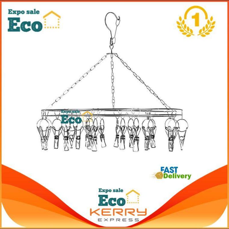 Eco Home ราวหนีบผ้าสแตนเลสแบบกลม/แบบเหลี่ยม 20 ตัวหนีบ หมุนได้รอบ 360 องศา ตัวหนีบแข็งแรง ทนทาน ไม่ขึ้นสนิม ราวตากผ้า ราวแขวนผ้า ราวตากผ้าเหล็ก ราวตากผ้าสแตนเลส ราวหนีบผ้า ที่หนีบผ้า ราวหนีบผ้า clothes line