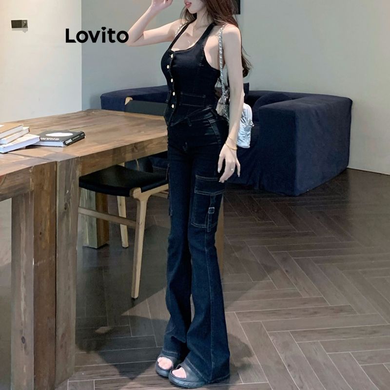 Lovito เสื้อยีน มีกระดุม สีพื้น สไตล์ลำลอง สำหรับผู้หญิง LNA21159 (สีน้ำเงิน)