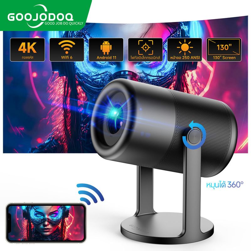 GOOJODOQ โปรเจคเตอร ์ แบบพกพา 360° มุมฟรี 150 หน ้ าจอขนาดใหญ ่ สําหรับโฮมเธียเตอร ์ สํานักงาน การฝึกอบรมธุรกิจ