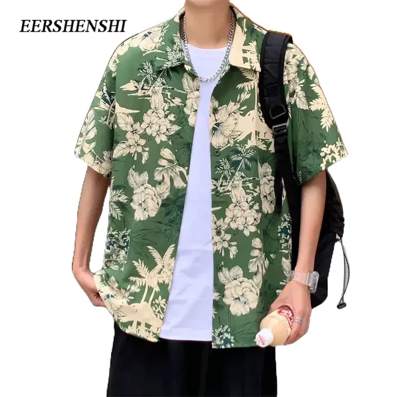 EERSHENSHI เสื้อเชิ้ตผู้ชายสีเขียวแขนสั้นเสื้อเชิ้ตผู้ชายฤดูร้อนบางส่วนฮ่องกงรสย้อนยุคสบายๆฮาวายเดินทางดอกไม้ชายหาดเสื้อดอกไม้น้ำ