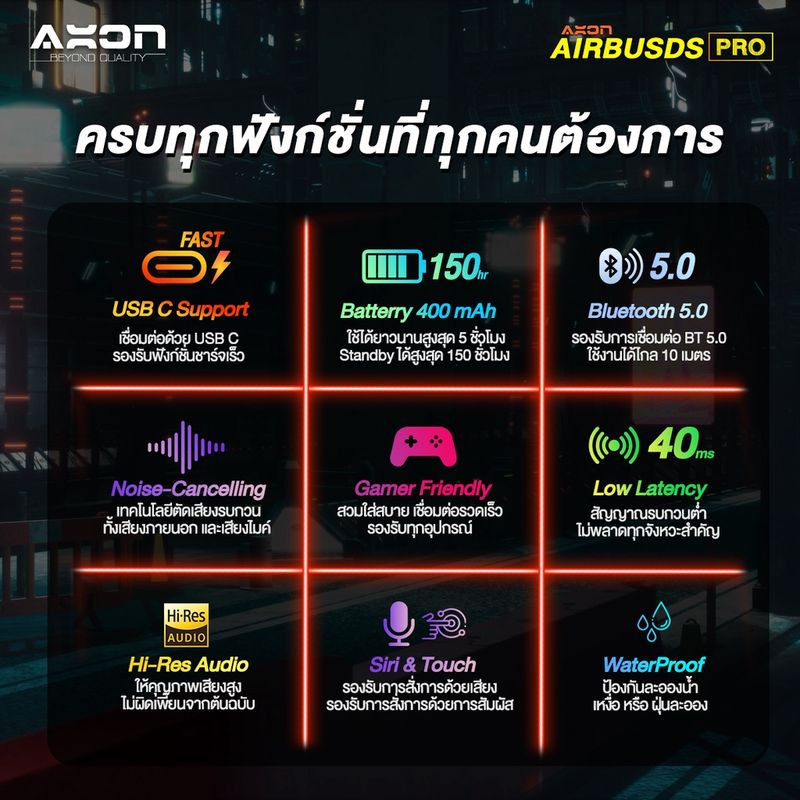 AXON Air Buds Pro | หูฟังบลูทูธ 5.0 TWS Hi-Res เบสแน่น แบตอึด มีโหมดตัดเสียงรบกวน ประกัน 2 ปี