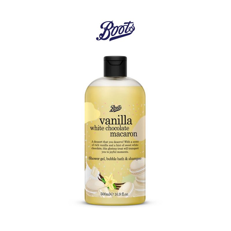 Boots:Vanilla White Chocolate Macaron Shower Gel, Bubble Bath & Shampoo,500