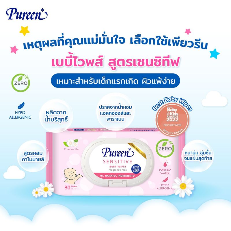 Pureen ทิชชู่เปียก เพียวรีน เบบี้ไวพ์ (1 ห่อ) สูตรอ่อนโยน จากธรรมชาติ ผลิตจากน้ำบริสุทธิ์ ทิชชู่เปียกเด็ก แผ่นทำความสะอาด