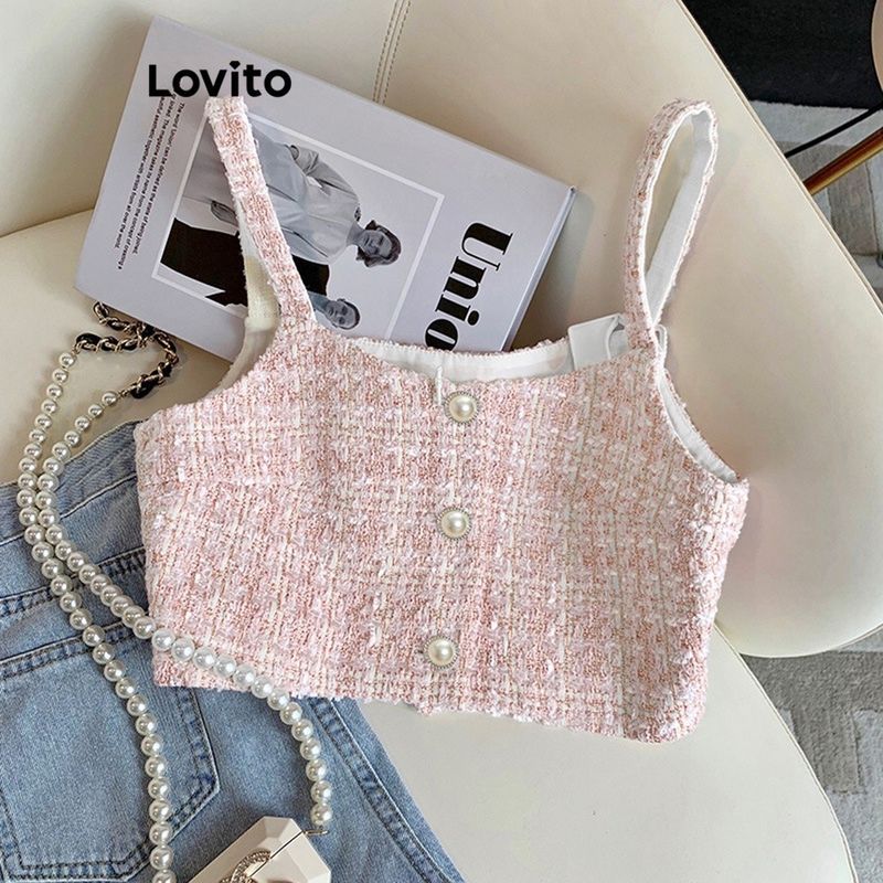 Lovito เสื้อกล้ามผู้หญิง กระดุมหน้า ลายทาง สไตล์ลำลอง L68ED056 (สีชมพู)