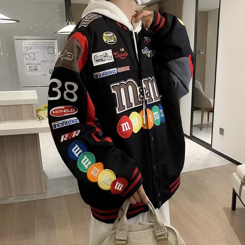 M&M เสื้อคลุมแจ๊คเก็ตเบสบอลลาย แจ็คเก็ตเบสบอลชาย ย้อนยุคอเมริกันins แจ็คเก็ตคู่