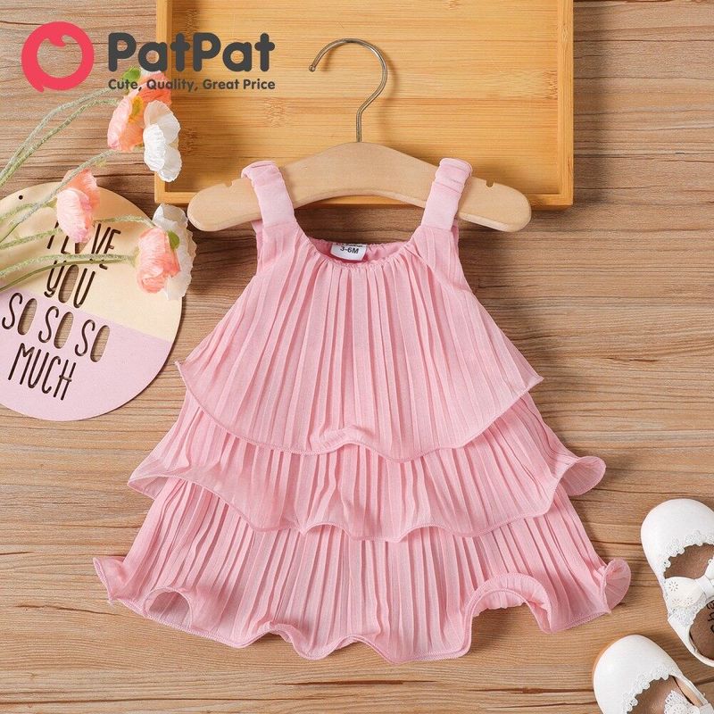 PatPat Baby Girl Dress แพตแพทเด็กชุดเดรสเด็กผู้หญิงผักกาดหอมน่ารักสีชมพูน่ารักชุดผู้หญิงแบบจับจีบชั้นสำหรับทารกแรกเกิดเด็กผู้หญิง