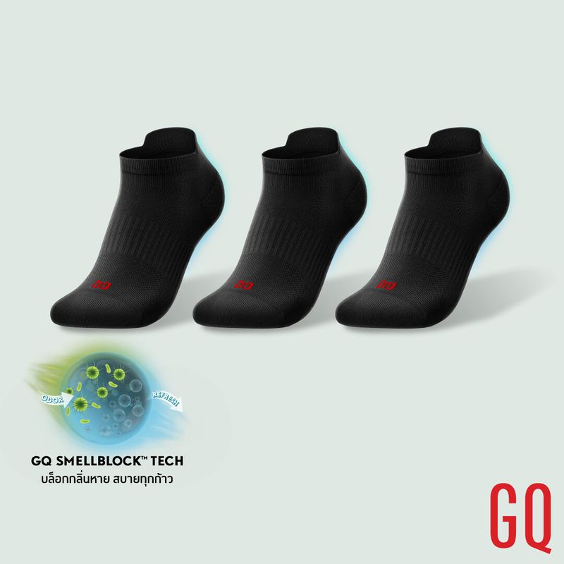 GQ SMELLBLOCK™ Socks Every Day Ankle ถุงเท้าบล็อกกลิ่น ถุงเท้าหุ้มข้อ รุ่นอเวรี่เดย์ สีดำ แพ็ค 3