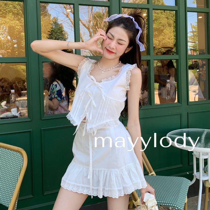 🎀mayylody🎀 (ขายแยกชิ้น) เสื้อ + กระโปรง แต่งขอบลูกไม้ฟูฟู สไตล์เวียดนามสุดฮิต งานสวยน่ารักสุดๆๆ เสื้อกล้าม