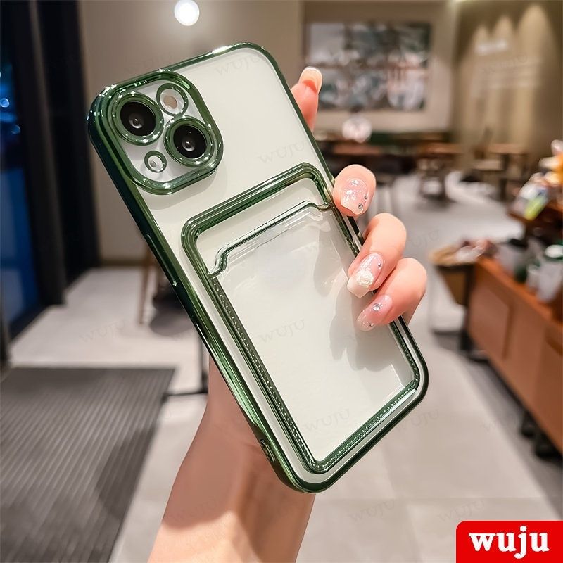 WUJU Plating Transparent Card Holder Wallet Phone Case Compatible For iPhone 11 12 13 14 Pro Max Soft Silicone Plating Clear Case Back Cover