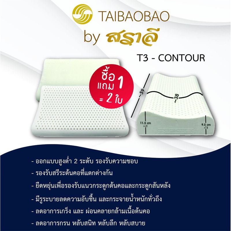 สราลี ซื้อคู่ถูกกว่า=ได้2ใบ หมอนยางพารา T-3 contour (คอนทัวร์)