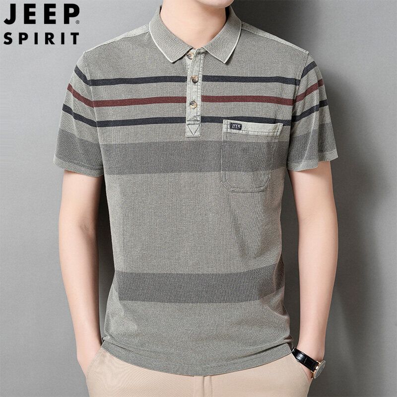 JEEP ชุด POLO เสื้อยืดแขนสั้นสำหรับผู้ชายเสื้อโปโลผ้าฝ้ายแขนลำลองขาสั้นลายทางเสื้อโปโลเสื้อโปโล