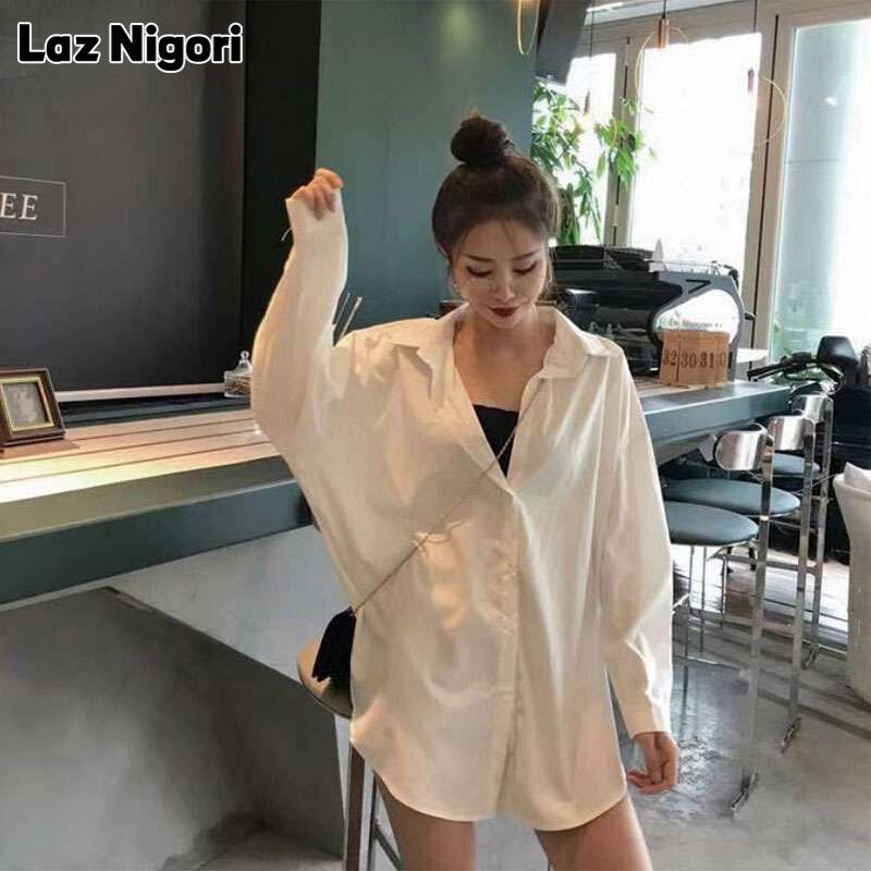 Laz Nigori เสื้อเชิ้ตมีลายสำหรับผู้หญิงใหม่สไตล์เกาหลีหลวมสบายๆแขนยาวเสื้อ