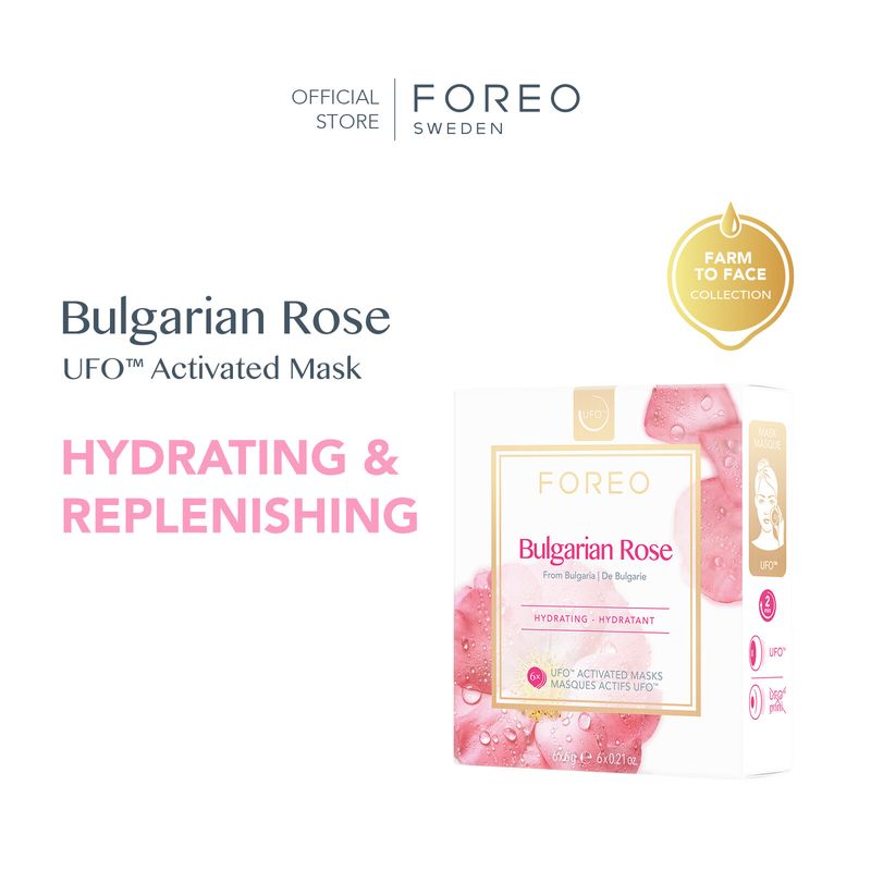 FOREO UFO Masks Bulgarian Rose x 6  ฟอริโอ้ ยูเอฟโอมาส์ก สูตรกุหลาบบัลแกเรีย เติมความชุ่มชื้นและกระจ่างใส (6 ซอง/กล่อง)