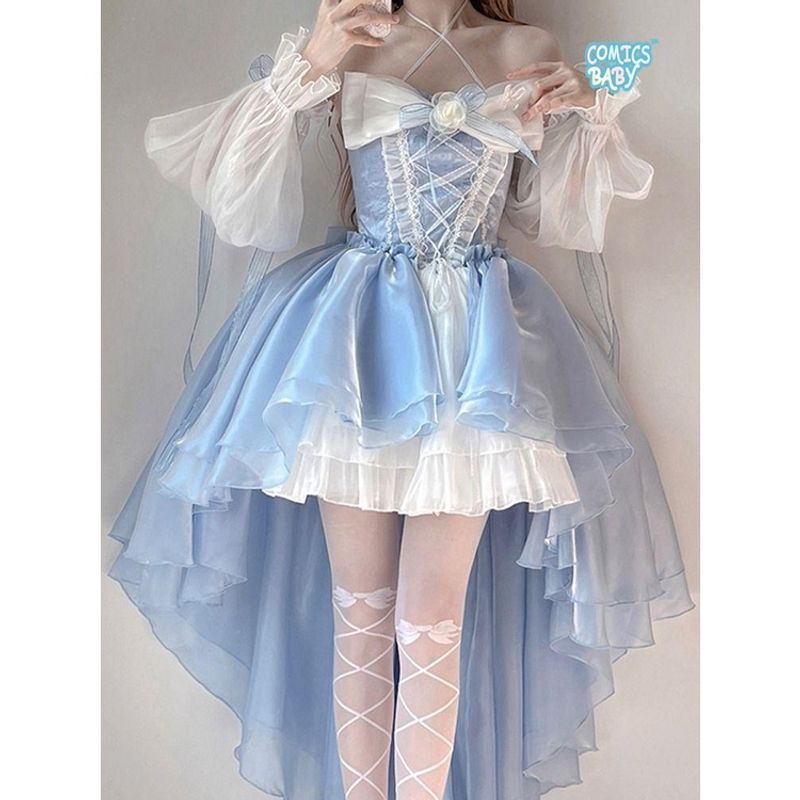 lolita Dress ชุดเดรสยาว ประดับโบว์ ลายดอกไม้ สีฟ้า สไตล์โลลิต้า สําหรับงานแต่งงาน Front Short  Summer  Long Sleeve Flower Wedding Big Bow Trailing White Blue  Princess Dress蓝色连衣裙洋装