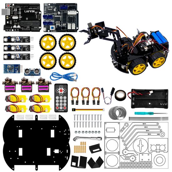 LAFVIN 2 in 1 4WD หุ่นยนต์รถแขนกลชุดการเรียนรู้สำหรับ Arduino R3 หุ่นยนต์รถแขนหุ่นยนต์โปรแกรม STEM ของเล่น/สนับสนุน Android บลูทูธ