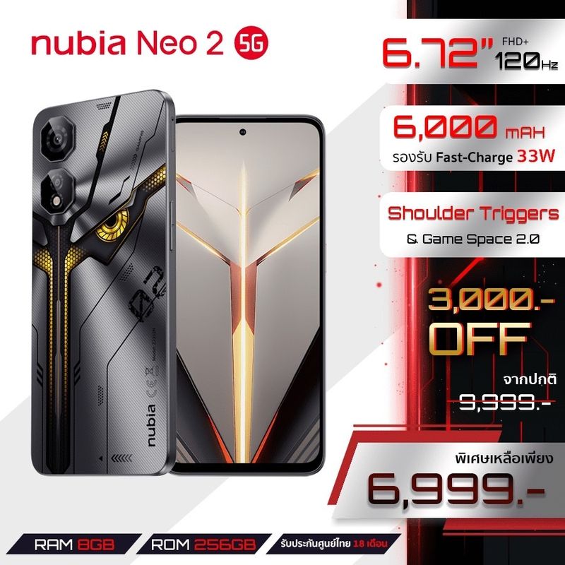 New! Nubia Neo 2 5G 8+256GB (เพิ่มแรมสูงสุด20GB) - ปุ่ม L/R Shoulder Triggers l แบตเตอรี่6000mAh ประกันศูนย์ไทย 18 เดือน