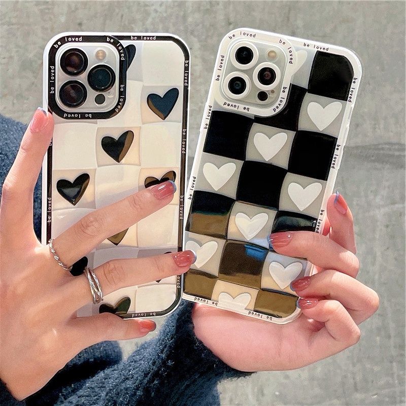 เคสโทรศัพท์ อ่อนนุ่ม TPU สําหรับ for iPhone 15 11 12 13 14 Pro Max X XR XS 7 8 Plus SE 2 3  ลายหมากรุก หัวใจ สําหรับ