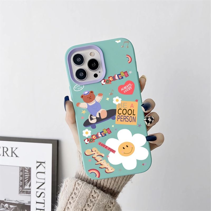 เคสโทรศัพท์มือถือ ซิลิโคนนุ่ม ลายดอกทานตะวัน หมีน่ารัก 3 in 1 สําหรับ iPhone 14Promax 13 12 11 7Plus 7 X Xs Max XR