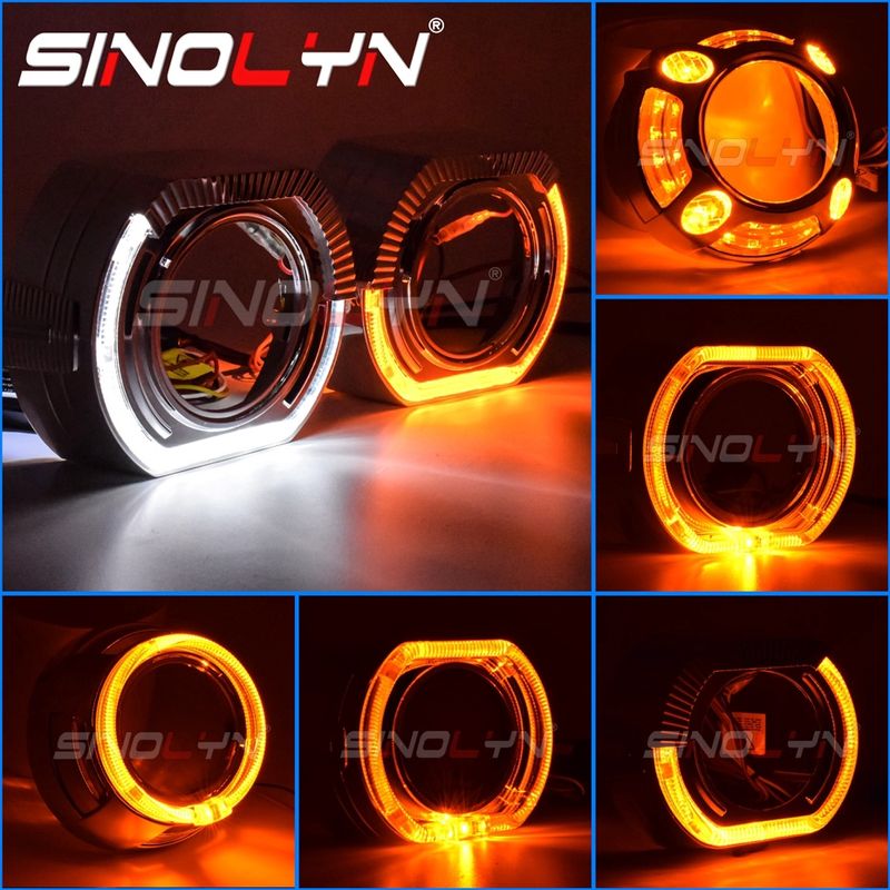 LED Switchback Dual Colors BM Angel Eyes Halo Shrouds For Bi-Xenon Projector Lens 2.5'' H1/3.0'' Hella 3R/Q5 Mask Covers Bezels Covers Turn Signal Lamps Retrofit