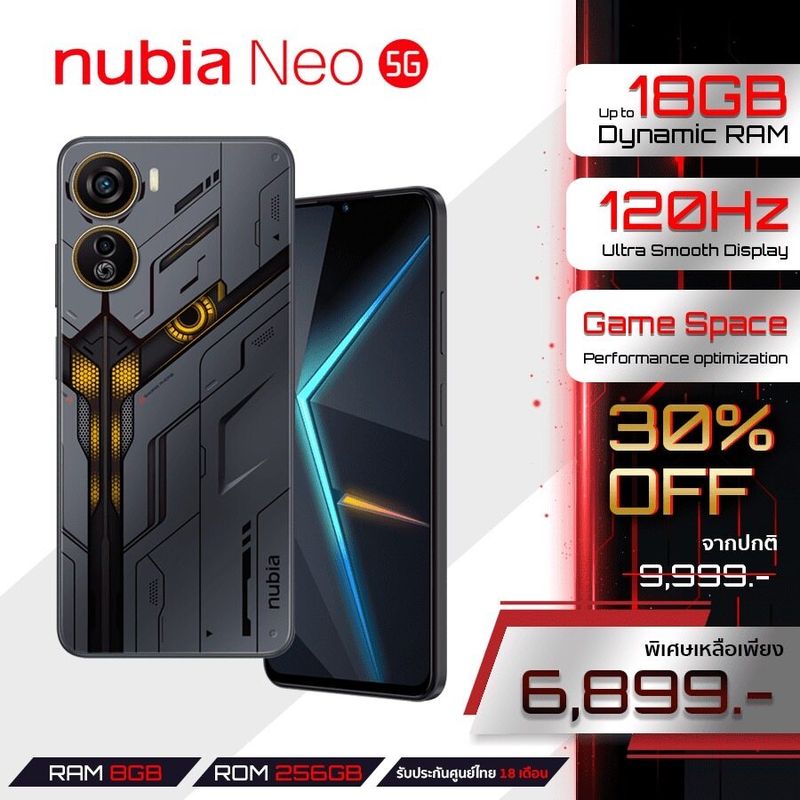 Nubia Neo 5G (8+256GB) - Unisoc T820 Octa-Core l  Dynamic Ram 18GB l 6.6" FHD+ 120Hz l Battery 4500mAh นูเบีย รับประกันศูนย์ไทย 18 เดือน