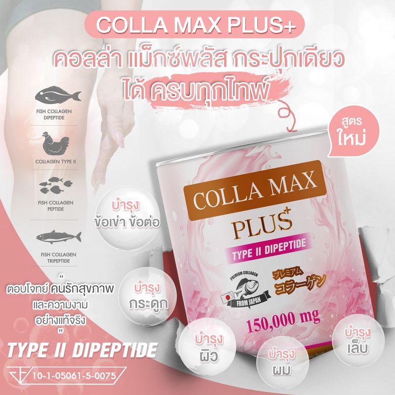 COLLA-MAX PLUS+ เพียวคอลลาเจนแท้ 100% ไทพ์ทูไดเปปไทด์ เกรดพรีเมี่ยมจากญี่ปุ่น -โปร 4 กระปุก- ปริมาณรวม 600 กรัม ทานได้ 4 เดือน