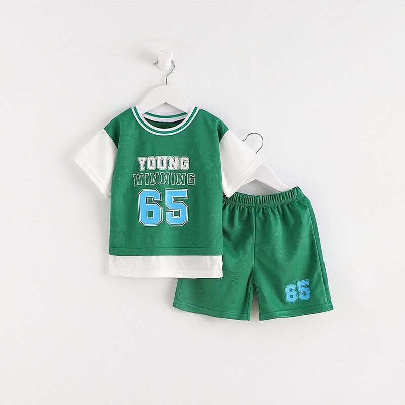 Summer New Childrens Casual Short-sleeved Basketball Suit Babys Summer Assembled Basketball Suit Fake Two-piece