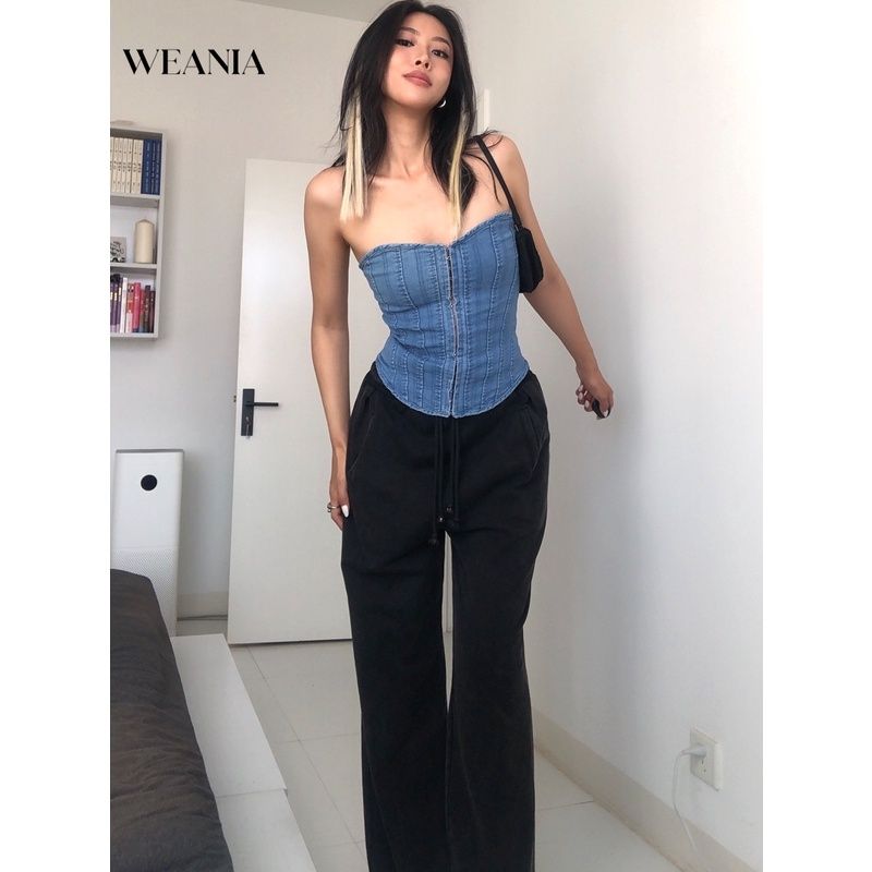 Weania เสื้อท็อป ผ้ายีน ผูกเชือก สไตล์วินเทจ สําหรับผู้หญิง