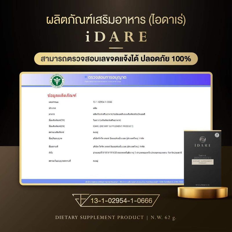 [ของแท้] IDARE ไอดาเร่ อาหารเสริม หุ่นเพรียว สวยสั่งได้ เลขจดแจ้ง 13-1-02954-1-0666