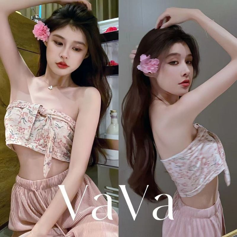 VaVa💗💗หวานร้อนๆเซ็กซี่เกาะอกลายดอกไม้แขนกุดถังผู้หญิงฤดูร้อนใหม่สั้นบางพอดีเซ็กซี่ด้านบน