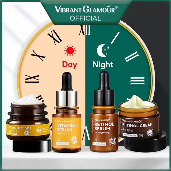 VIBRANT GLAMOUR เรตินอลธรรมชาติ  ชุดครีมหน้า + เซรั่มบำรุงผิวหน้า + เซรั่มหน้า VC + ครีมหน้า VC ด้วยกรดไฮยาลูโรนิก 2.5% เรตินอลต่อต้านริ้วรอยก่อนวัย