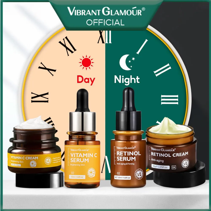 VIBRANT GLAMOUR เรตินอลธรรมชาติ  ชุดครีมหน้า + เซรั่มบำรุงผิวหน้า + เซรั่มหน้า VC + ครีมหน้า VC ด้วยกรดไฮยาลูโรนิก 2.5% เรตินอลต่อต้านริ้วรอยก่อนวัย