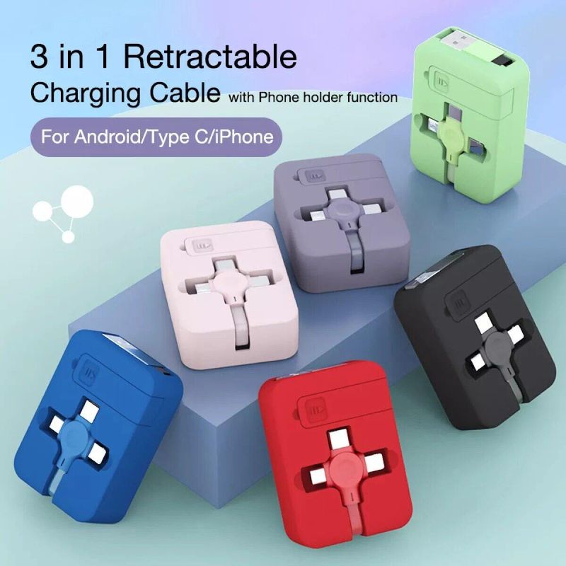 ⚡CS⚡ 4 in 1 retractable square USB Type-C cellphone stand holder charging cable android charger Cable for IOS Android for iPhone Huawei Xiaomi oppo vivo charger data cable