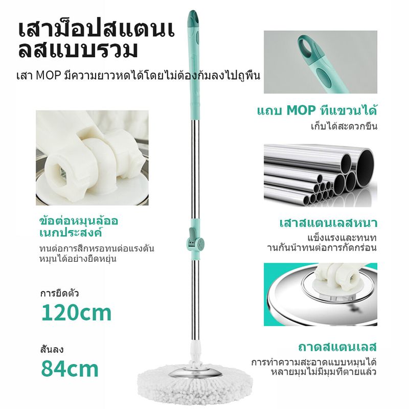 TERLE [พร้อมผ้าม็อบ] ชุดถังปั่นสแตนเลสไม้ถูพื้นหมุน 360 องศาถังปั่น 2in1 Spin Mopไม้ม็อบไม้ถูพื้นถังปั่นถูพื้นถังปั่นไม่ถูพื้นที่ถูพื้นถูพื้น