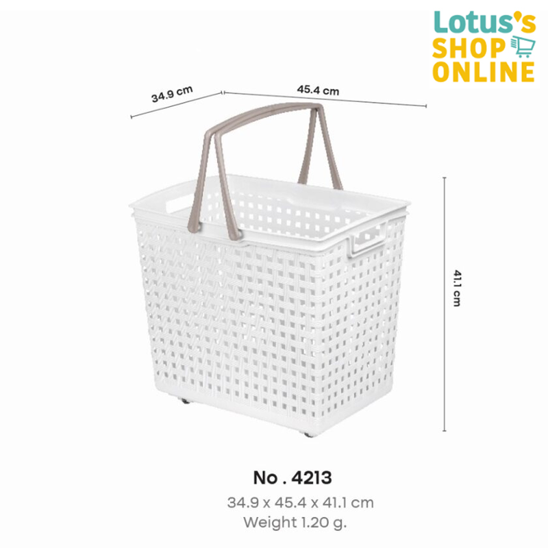 LOTUS'S โลตัส ตะกร้าเหลี่ยมลายหวายมีล้อขาว NO.4213 สีขาว