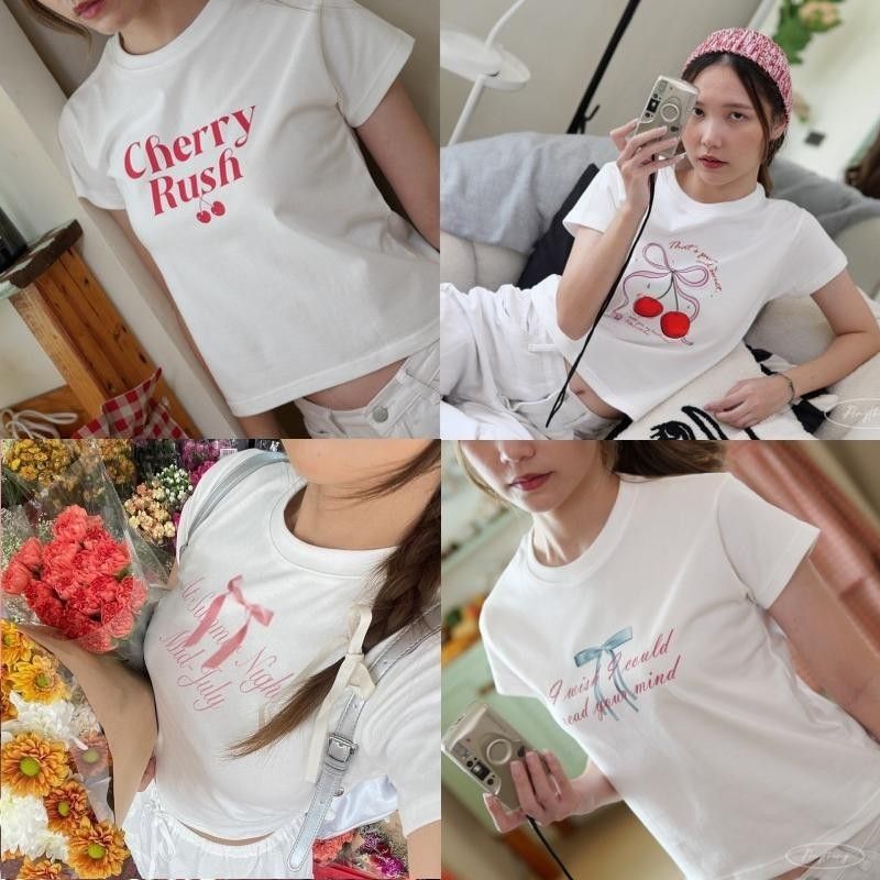 (พร้อมส่ง)เสื้อยืด แขนสั้น babytee ซีรีส์ สไตล์เรียบง่าย สไตล์เกาหลี ลายน่ารัก ลายการ์ตูน สำหรับผู้หญิงCOTTON100%